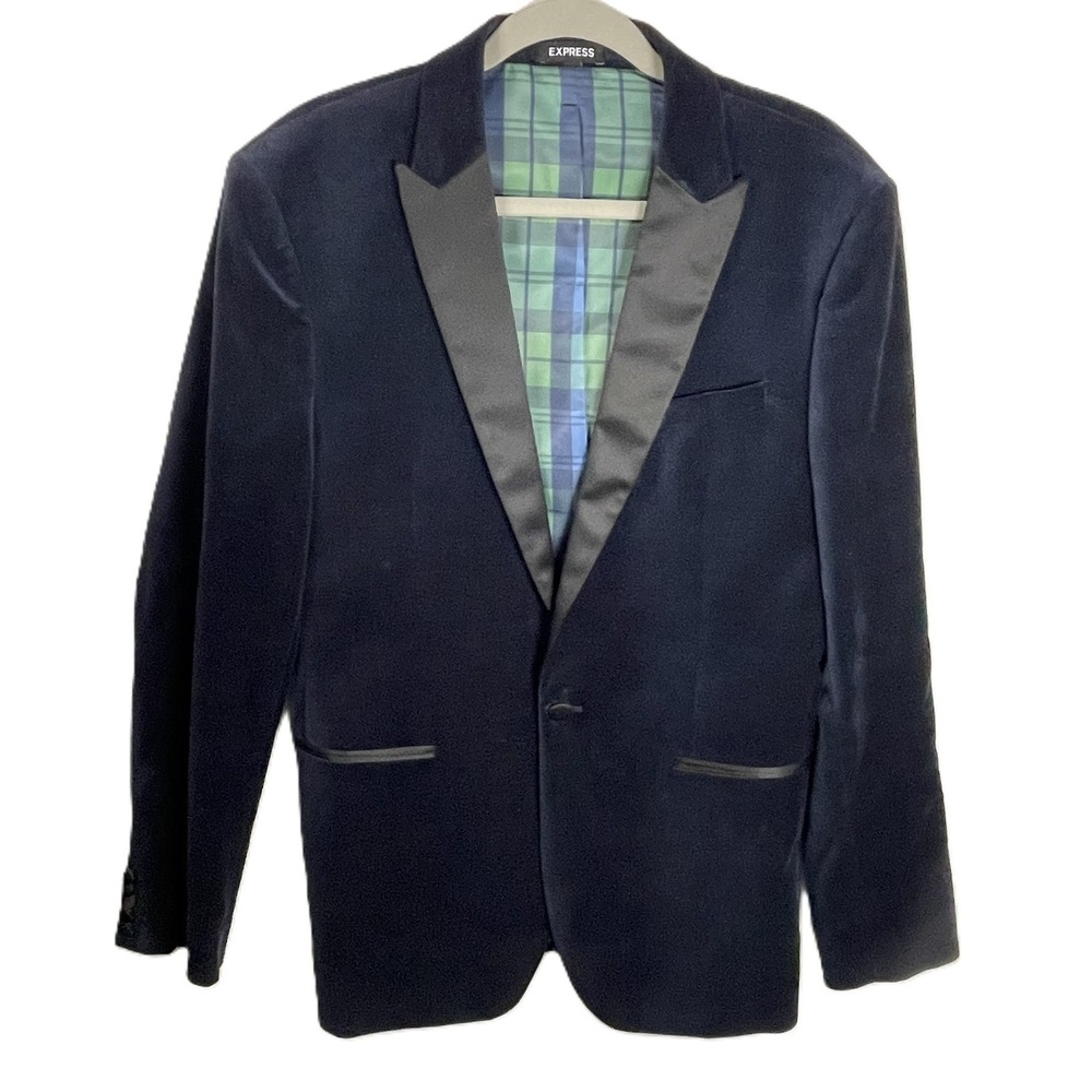 Express Slim 40L Navy Velvet Tuxedo‎ Blazer Satin Lapel Plaid Lining